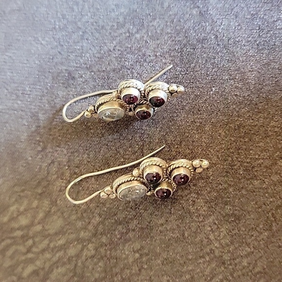 Sterling Oxidized Silver Garnet Labrodite Dangle Hook Earrings - Picture 3 of 5